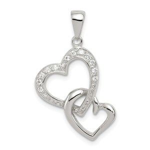 925 Sterling Silver Heart & CZ Double Heart Interconnected Necklace Pendant
